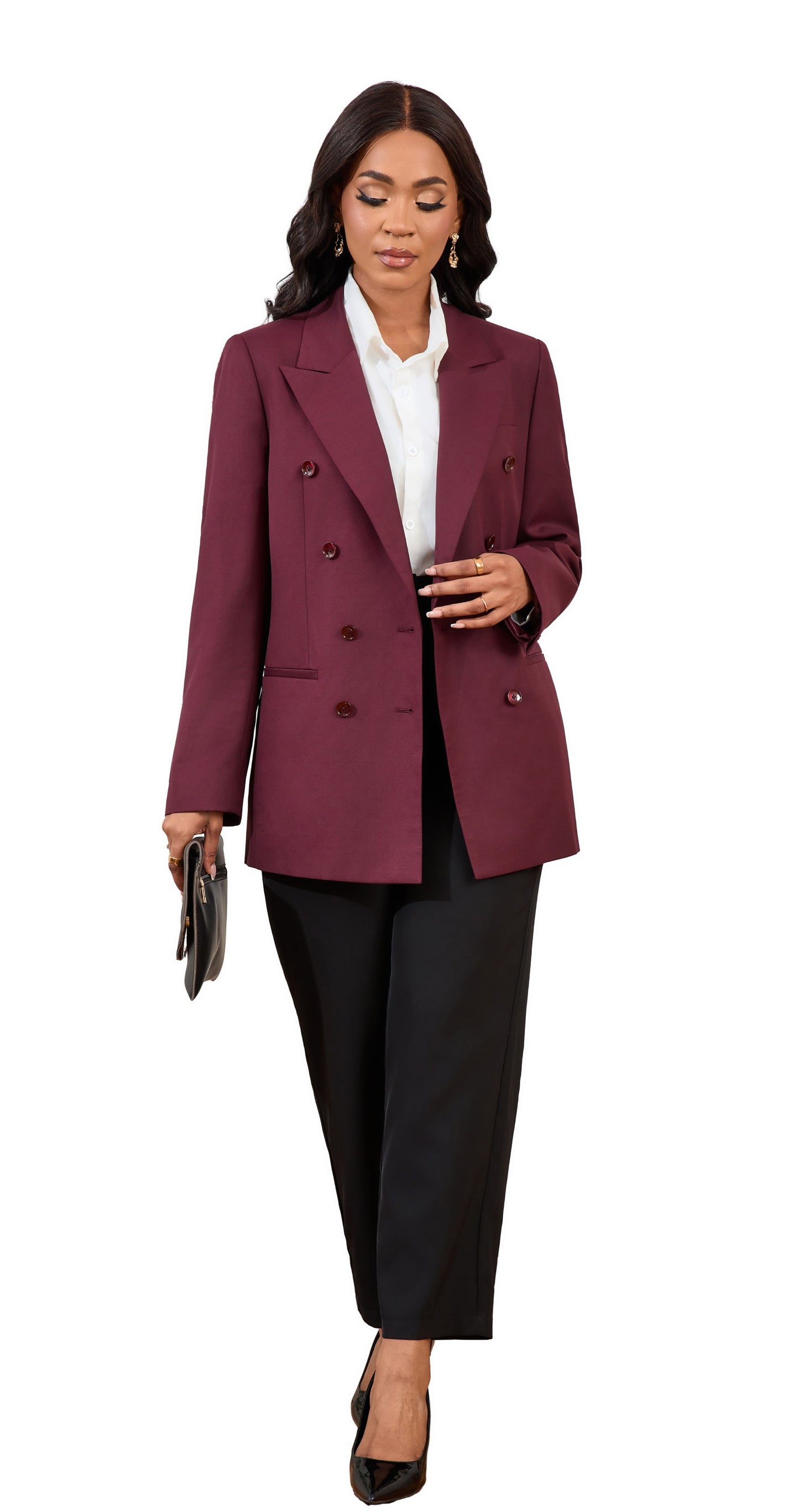 Burgundy Double-Breasted Wool Blend Women’s Blazer