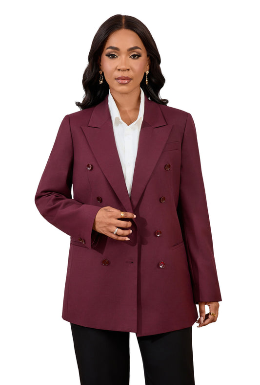 Burgundy Double-Breasted Wool Blend Women’s Blazer