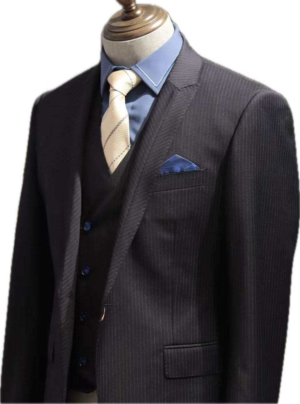 Navy Pinstripe Wool 3-Piece Suit Set