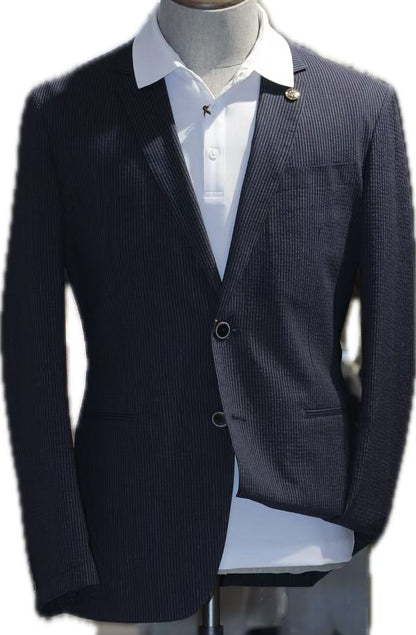 Navy Micro-Stripe Cotton Blend Blazer