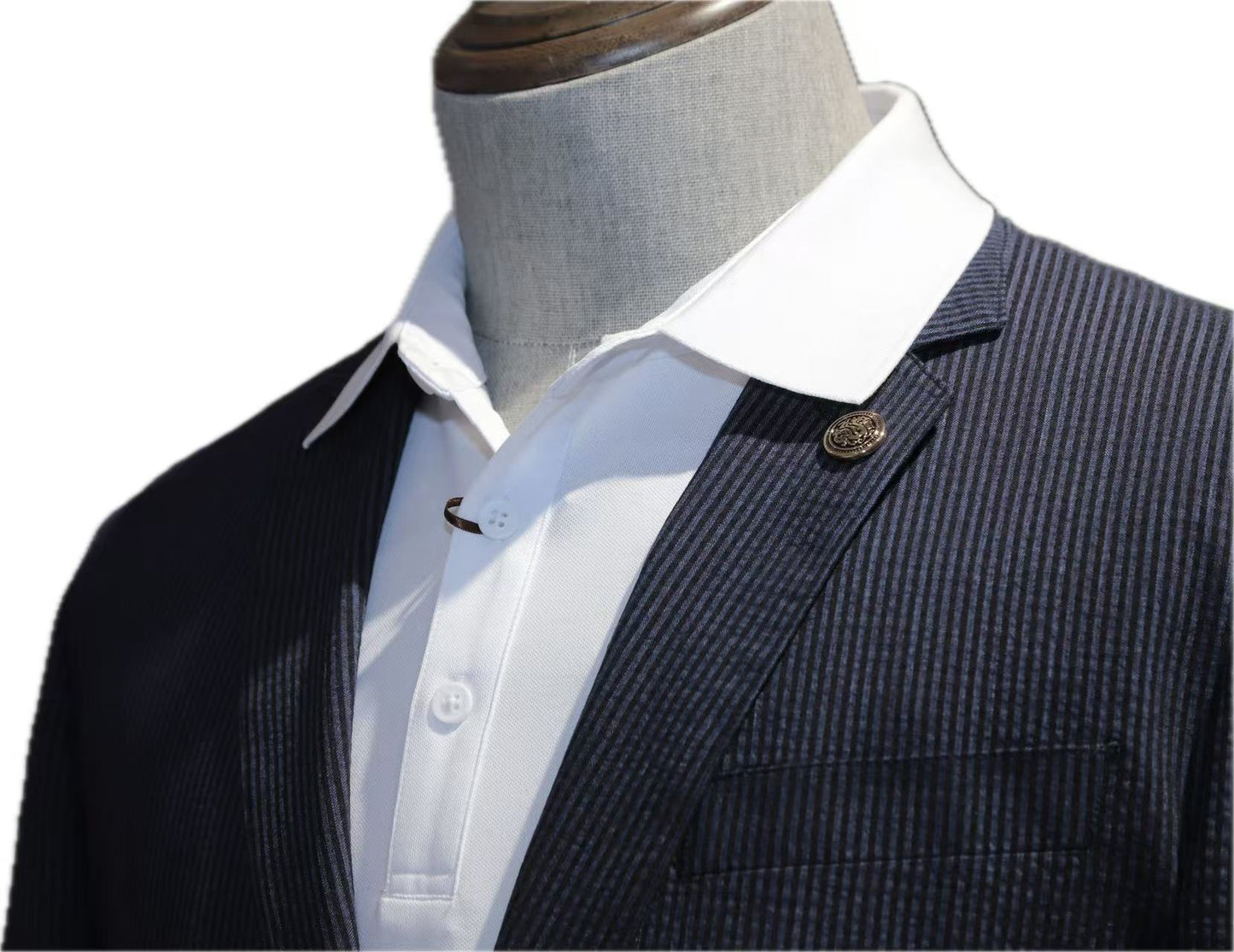 Navy Micro-Stripe Cotton Blend Blazer