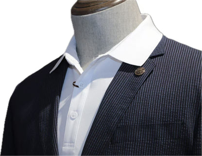 Navy Micro-Stripe Cotton Blend Blazer