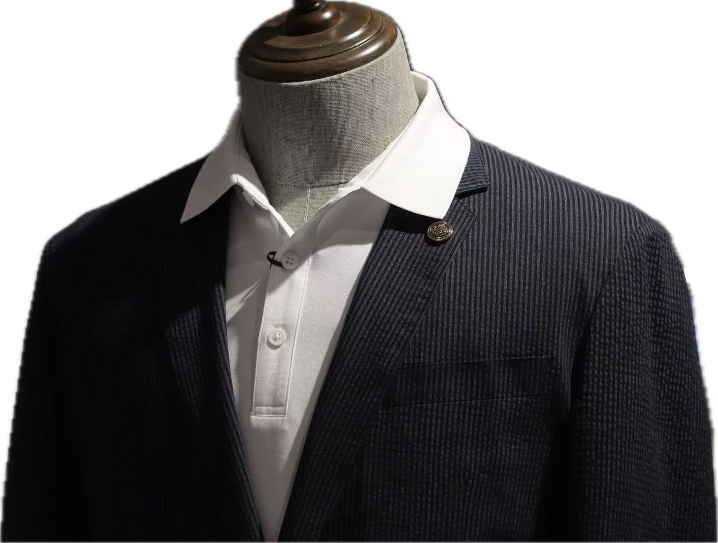 Navy Micro-Stripe Cotton Blend Blazer