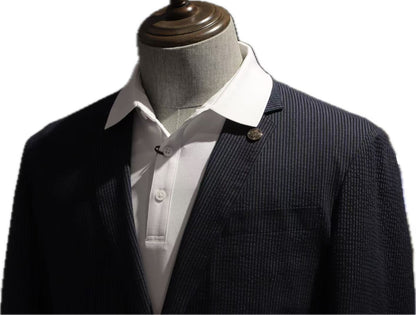 Navy Micro-Stripe Cotton Blend Blazer