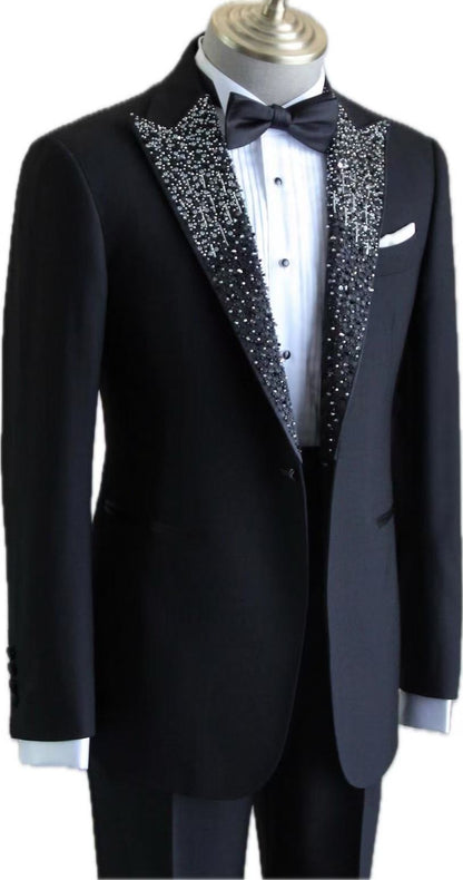 Luxury Crystal Lapel Tuxedo – Black Wedding Suit for Groom