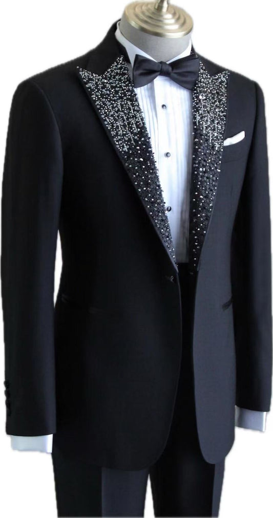 Luxury Crystal Lapel Tuxedo – Black Wedding Suit for Groom