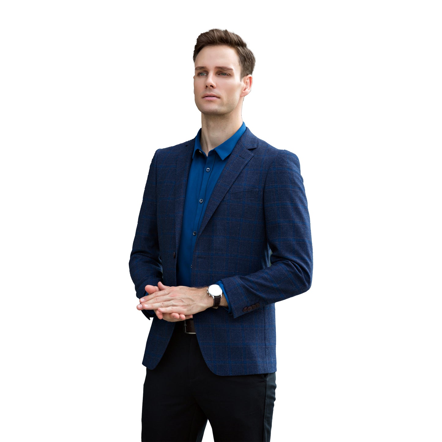 Slim-Fit Grid-Pattern Business Suit Blazer